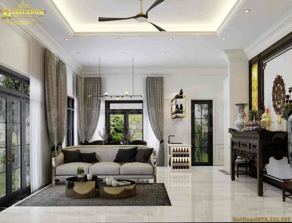 Phòng khách thông thoáng, liên kết với khu vực bếp