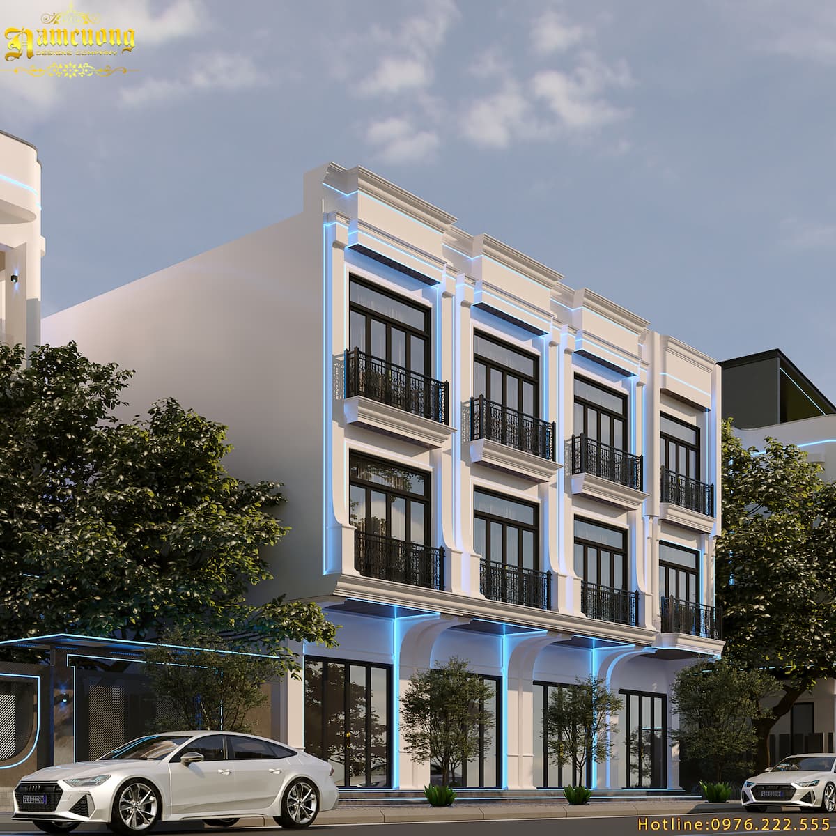 Nhà ống hiện đại có đường viền đèn LED bao quanh