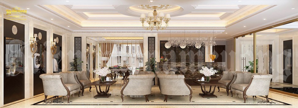Sảnh khách sạn nổi bật với bộ bàn ghế Sofa mang phong cách tân cổ điển
