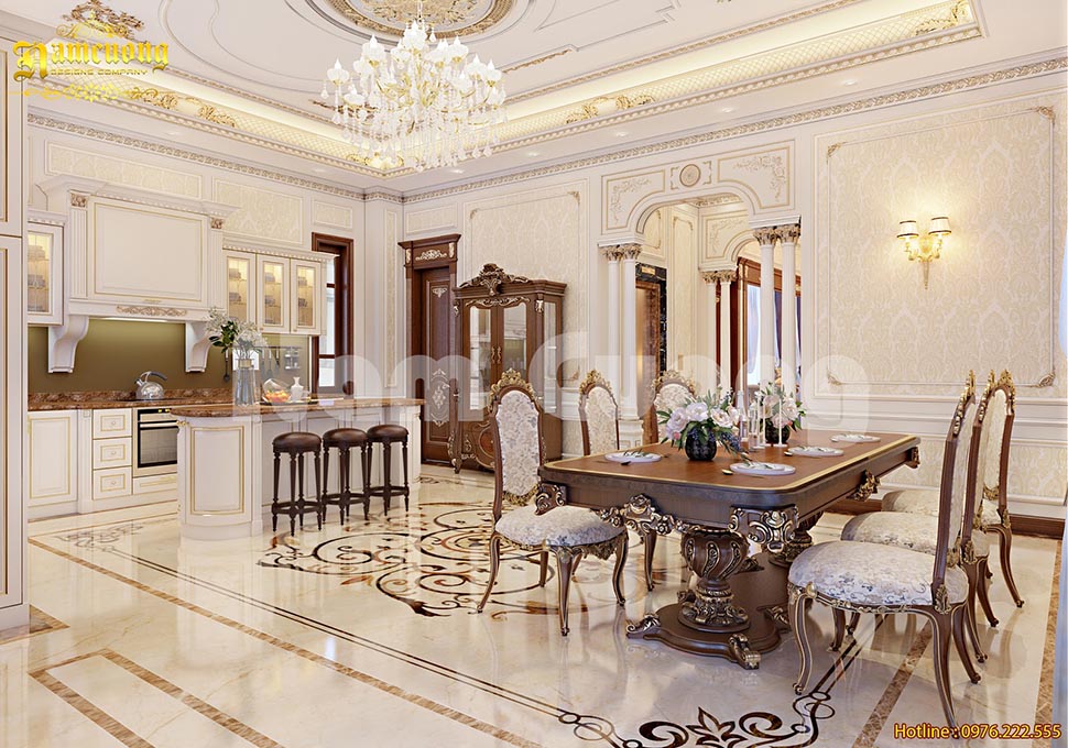 Thiết kế nội thất phòng bếp biệt thự tân cổ điển