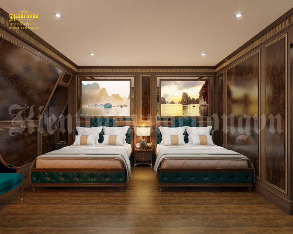  Nội thất phòng nghỉ khách sạn với 2 giường riêng biệt, thích hợp với gia đình nhỏ lưu trú trong kỳ nghỉ của mình