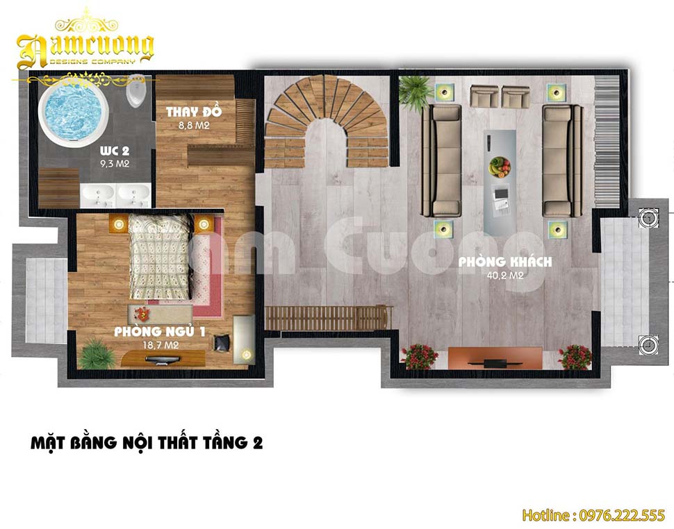 Bản vẽ mặt bằng 3 tầng 2 mặt tiền nội thất tầng 2