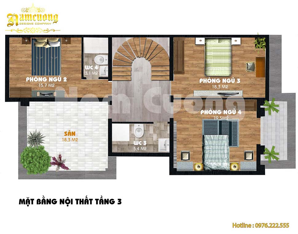 Bản vẽ mặt bằng 3 tầng 2 mặt tiền nội thất tầng 3