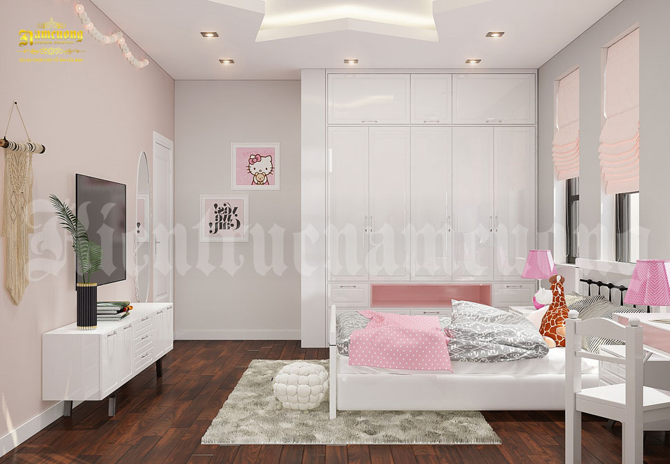 Phòng ngủ của con gái điểm xuyết thêm sắc hồng nữ tính