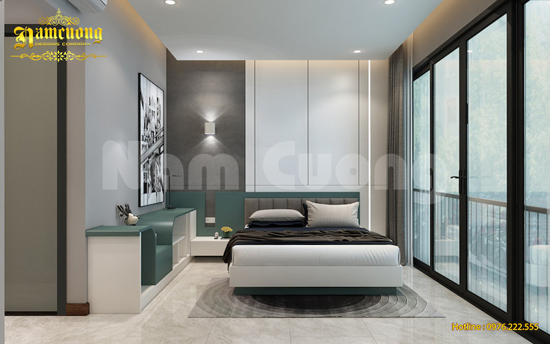 Phòng ngủ cạnh ban công siêu thoáng trong biệt thự mặt tiền 12m