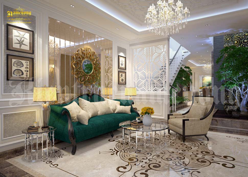 Không gian phòng khách sáng lấp lánh nhờ thiết kế kính 2 mặt, nền đá hoa bóng bẩy