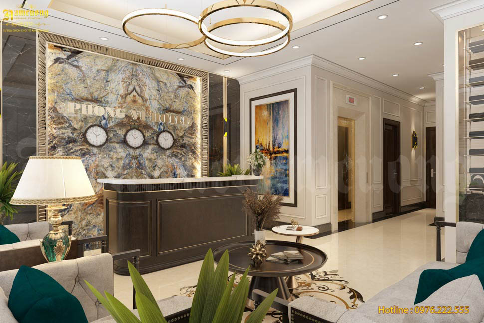 Không gian nội thất khu vực sảnh tiếp đón của khách sạn được thiết kế sang trọng, bắt mắt