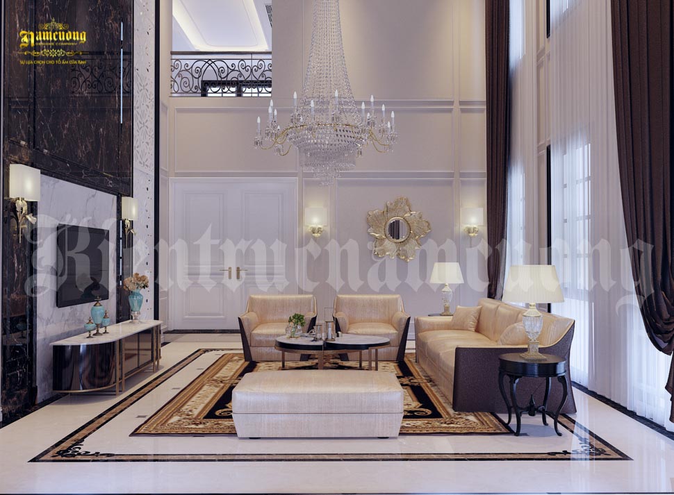 Phòng khách được thiết kế theo phong cách tân cổ điển