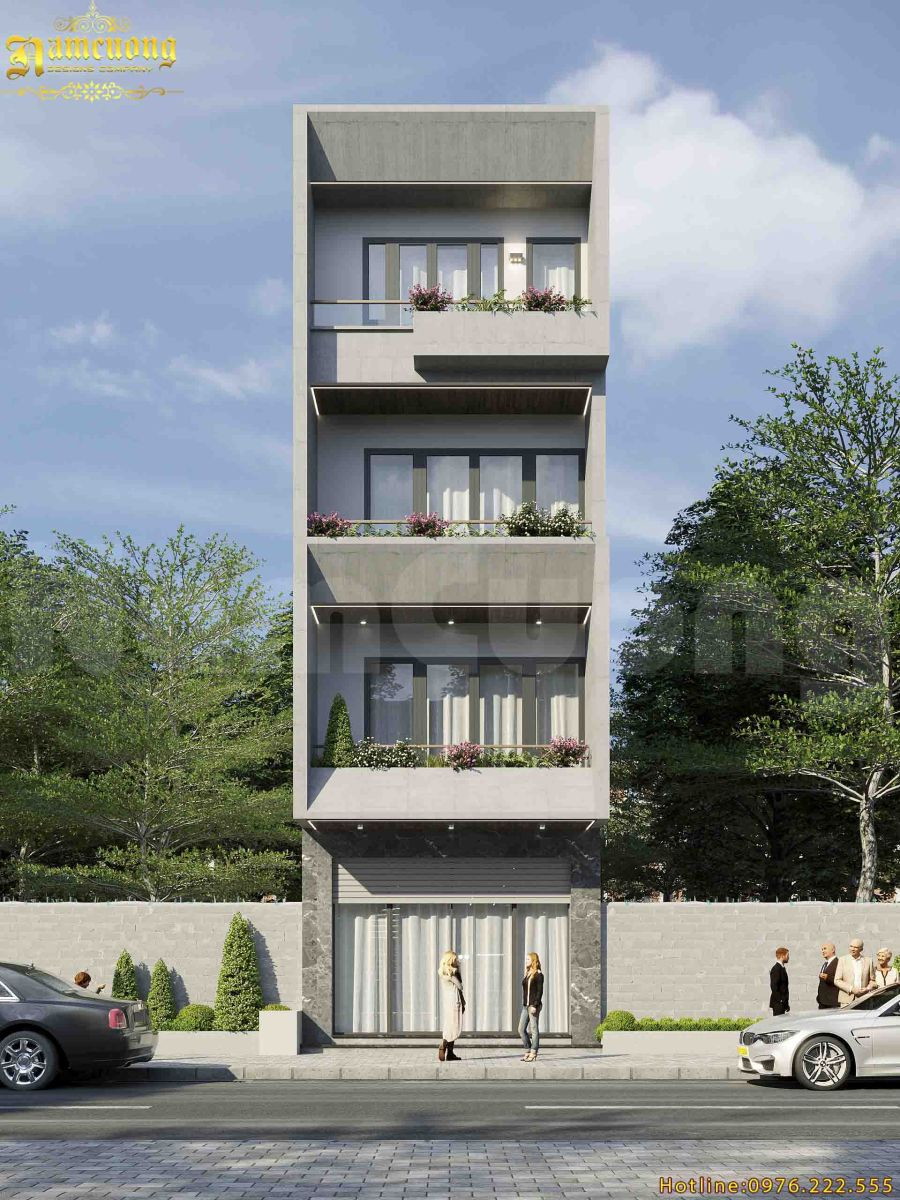 Mẫu nhà phố 4 tầng hiện đại với thiết kế mặt tiền tối giản, ban công xanh