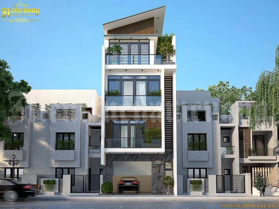 Mẫu nhà phố 4 tầng mái lệch hiện đại