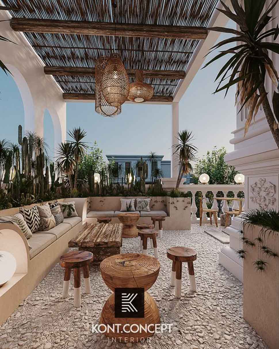 Không gian quán cafe sân thượng được trang trí theo phong cách Mediterranean
