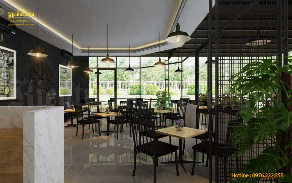 Mẫu quán cafe 100m2 bố trí nhiều cây xanh tạo không gian trong lành