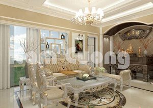 nội thất phòng khách có bàn thờ