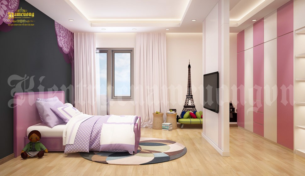 Phòng ngủ dành cho con gái với màu sắc, họa tiết trong trẻo, đáng yêu