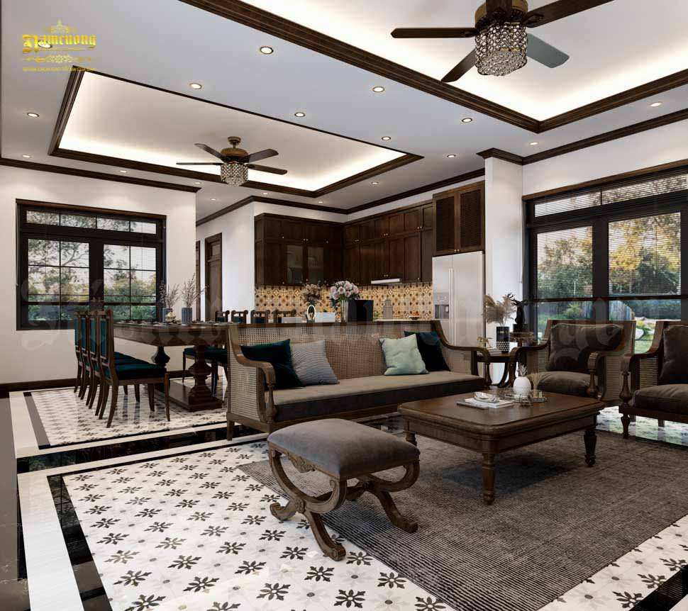 Trần phòng khách bằng thạch cao, thiết kế giật cấp và ốp phào gỗ ở viền tạo nên sự tương đồng về màu sắc nội thất 