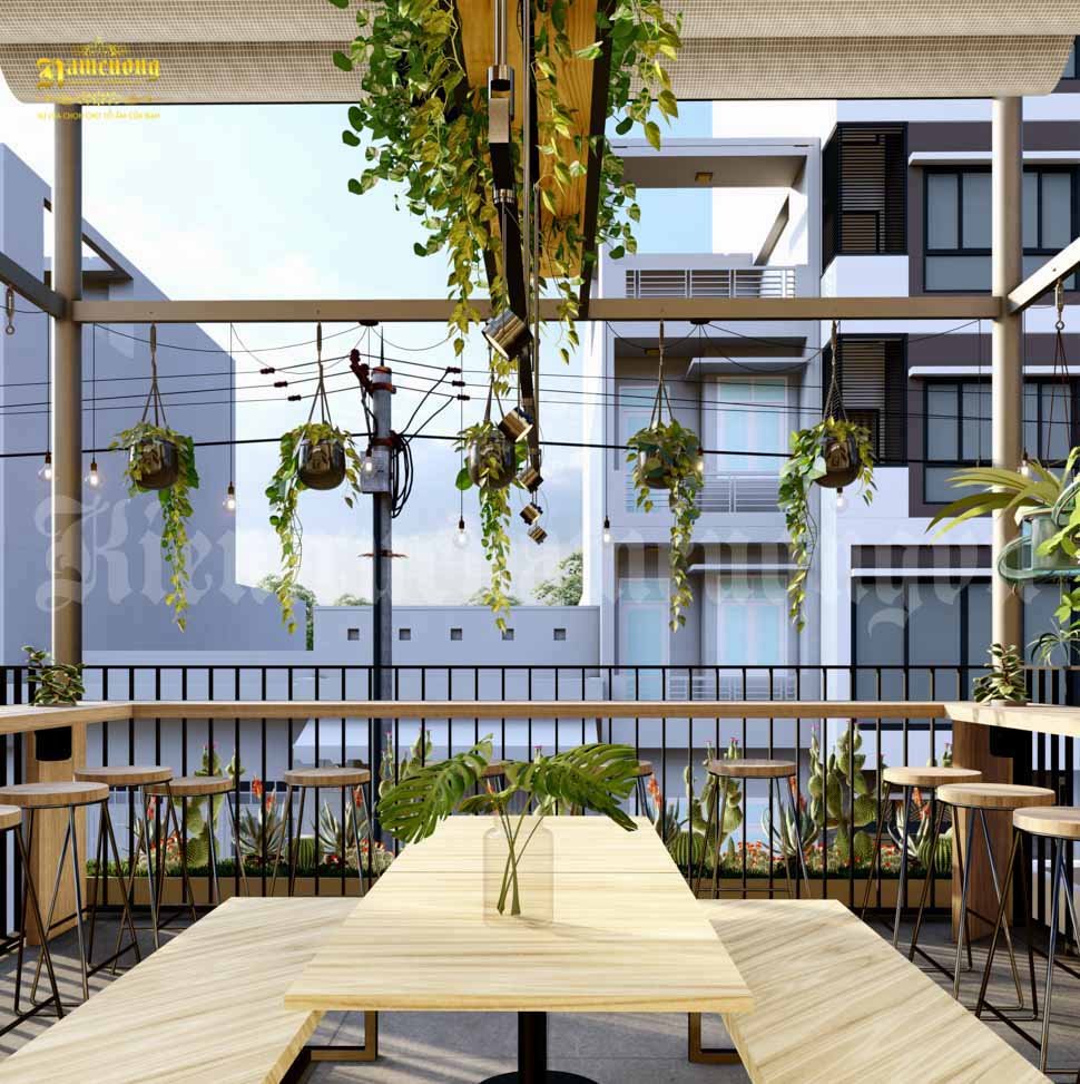 Những chậu cây xanh được thiết kế giống như “vườn treo babylon” tạo ấn tượng cho không gian quán cafe
