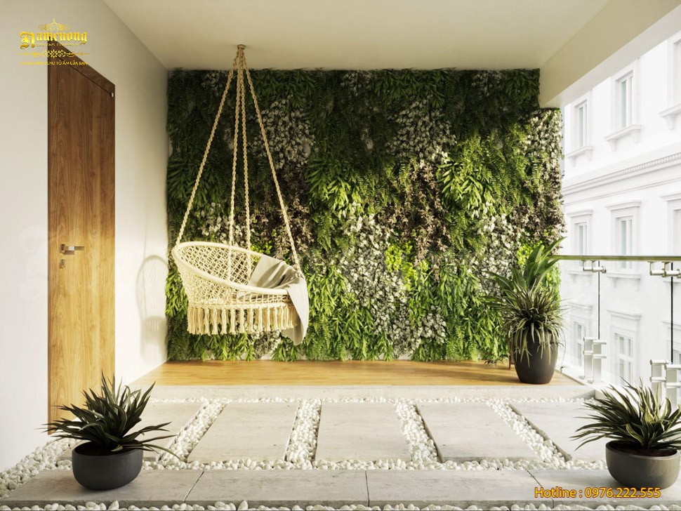 Thiết kế tường thảm thực vật và ghế ngồi thư giãn