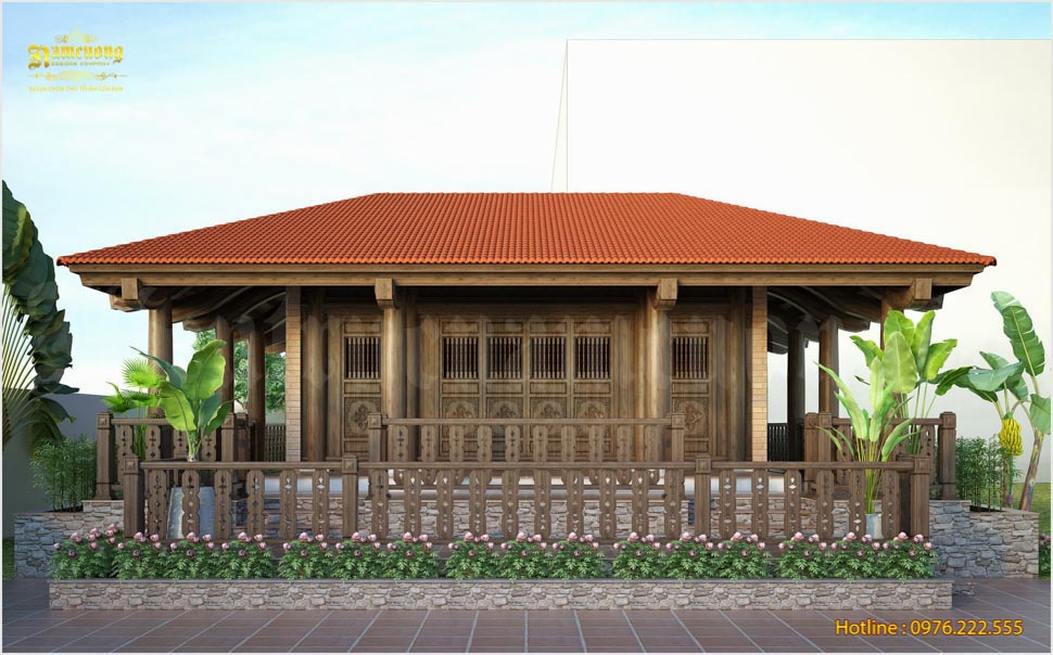 Mẫu thiết kế nhà từ đường nổi bật với hàng rào bằng bê tông giả gỗ bao quanh