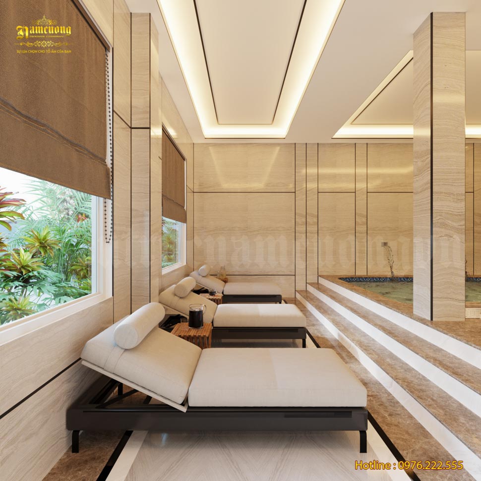 Không gian spa tại nhà được thiết kế theo kiến trúc mở vô cùng sáng sủa và sang trọng