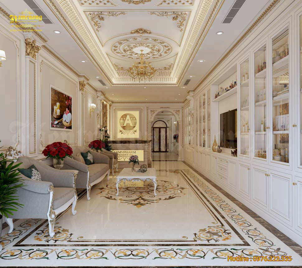 Mẫu thiết kế sảnh spa theo phong cách tân cổ điển sang trọng nổi bật với 2 tông màu trắng và vàng
