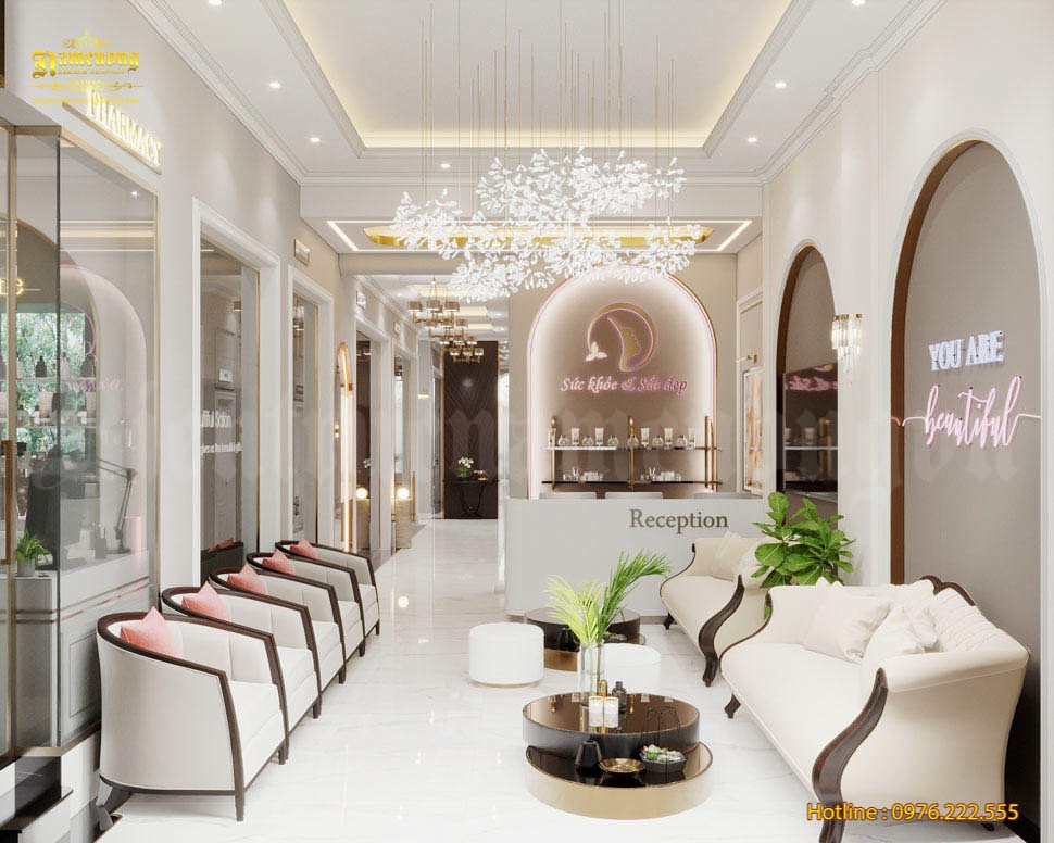 Không gian sảnh spa được thiết kế đơn giản, tạo ấn tượng sâu sắc cho khách hàng bởi vẻ đẹp nhẹ nhàng và tinh tế.