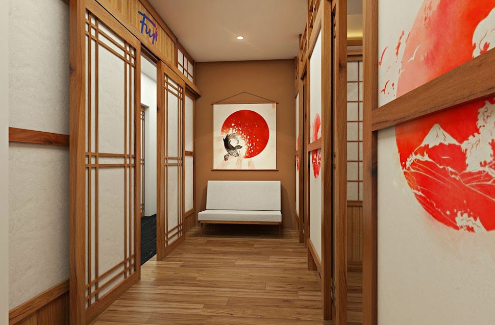 Spa kiểu Nhật với sàn gỗ, cửa giấy và điểm xuyết gam màu đỏ nổi bật. 