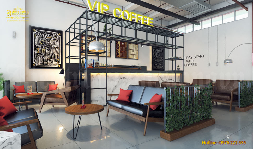 Không gian quán cafe được thiết kế kết hợp hài hòa giữa 2 nguồn chiếu sáng tự nhiên và nhân tạo
