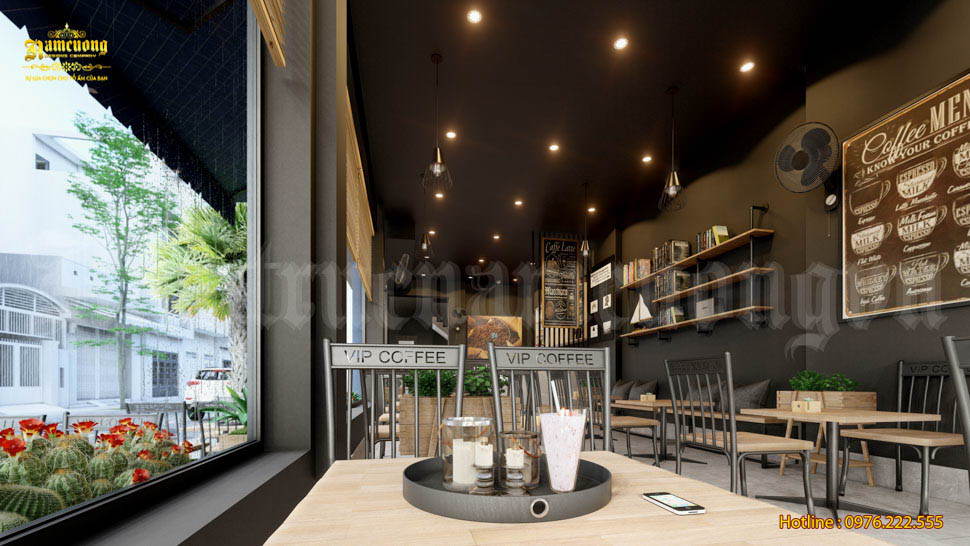 Không gian nội thất quán cafe được thiết kế hài hòa giữa ánh sáng tự nhiên và ánh sáng đèn điện