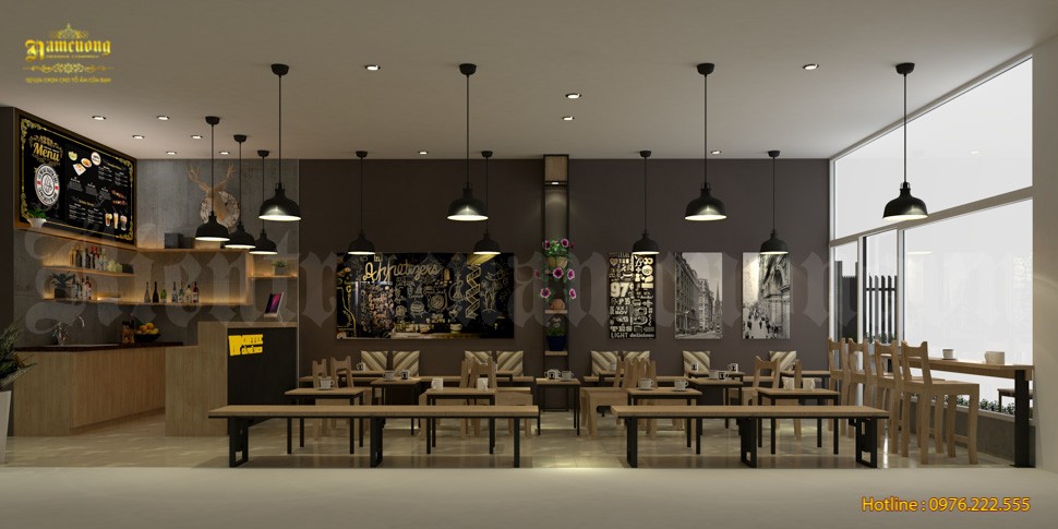 Thiết kế nội thất ấn tượng trong quán cafe có diện tích rộng rãi
