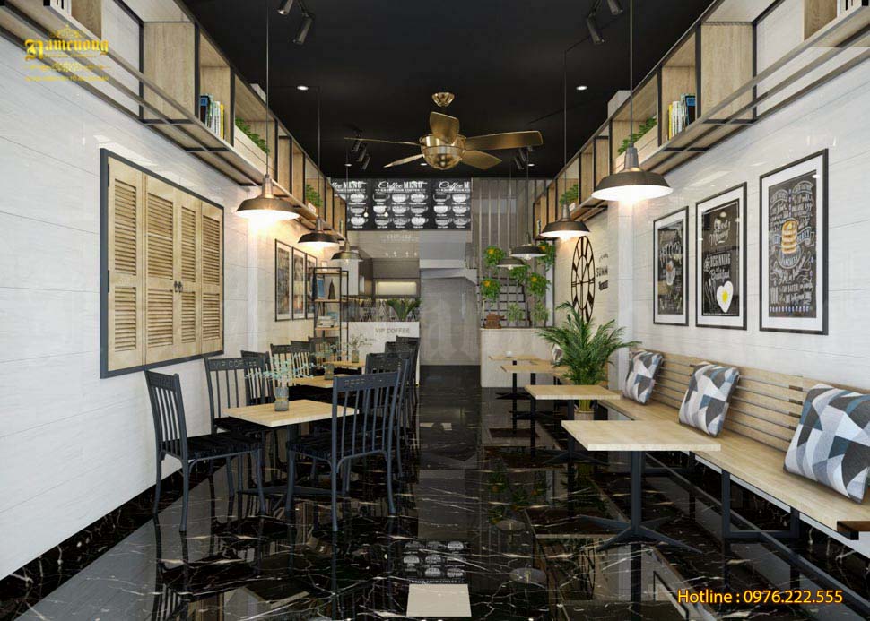 Không gian quán cafe với lối thiết kế hiện đại hợp xu hướng
