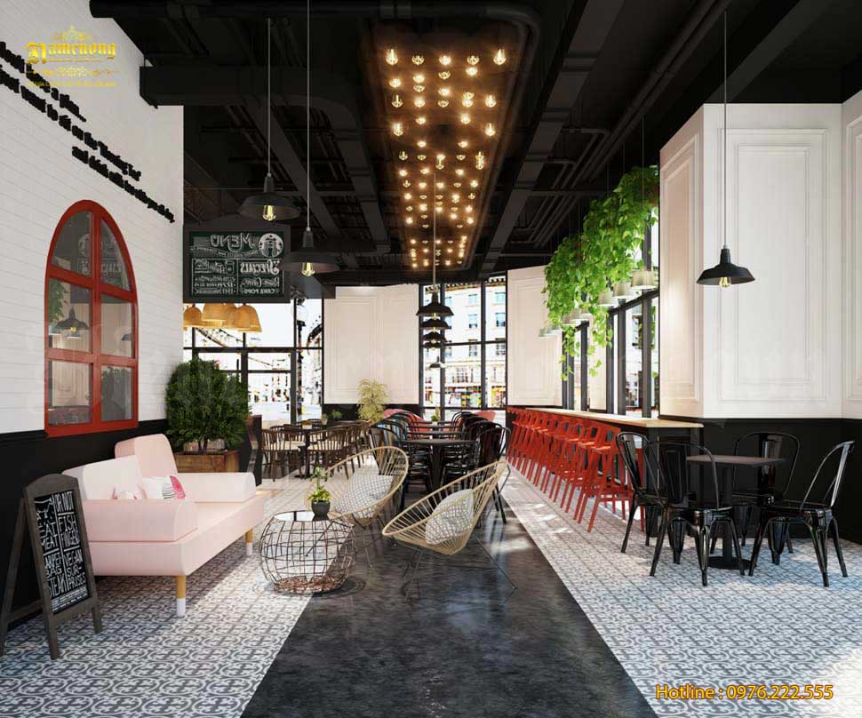 Không gian nội thất quán cafe 60m2 được thiết kế và bố trí cân đối, hài hòa