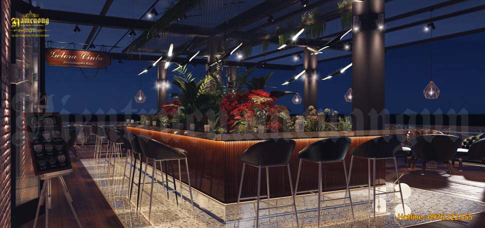Không gian quán cafe acoustic sân thượng được thiết kế lung linh trong ánh đèn rực rỡ