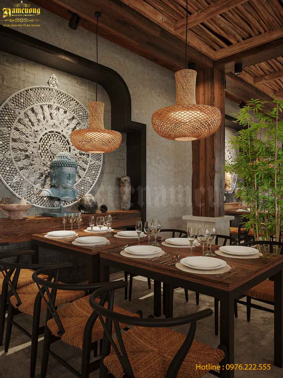 Trang trí tượng Phật trong mẫu thiết kế nhà hàng chay