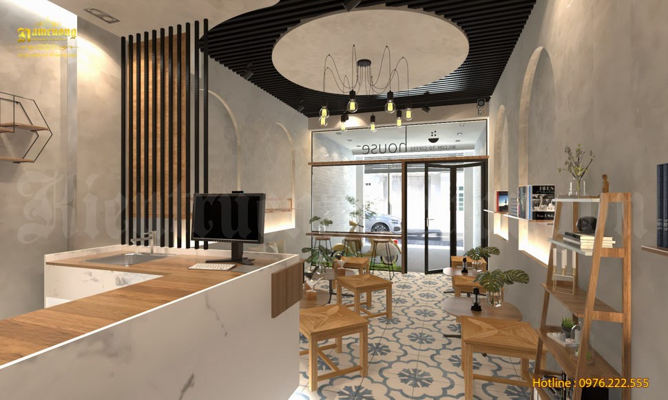 Không gian quán cafe ngang 4m được thiết kế theo phong cách hiện đại đơn giản mà thu hút