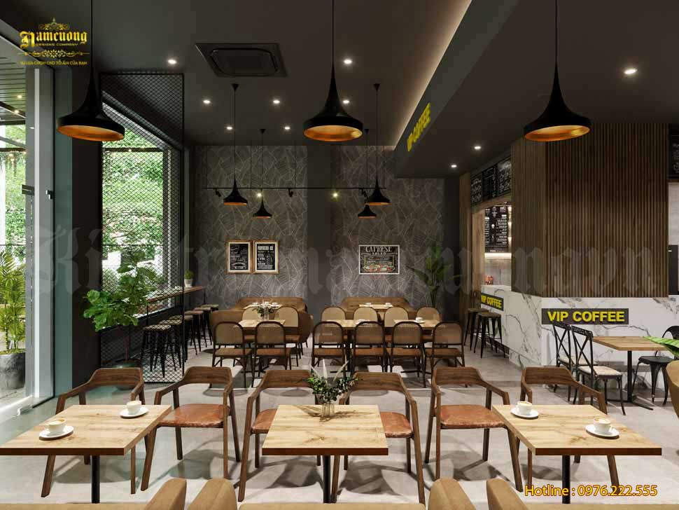 Thiết kế quán cafe mặt tiền 10m với nội thất gỗ