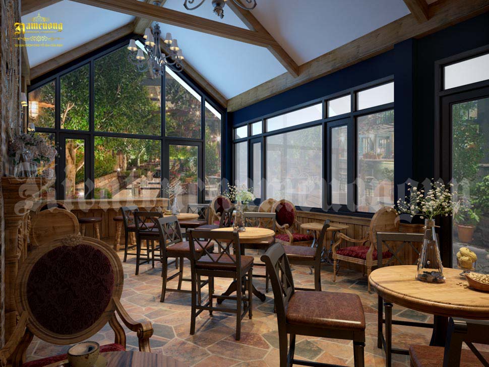 Không gian ngoài trời của quán cafe mang vẻ đẹp hài hoà gần gũi thiên nhiên