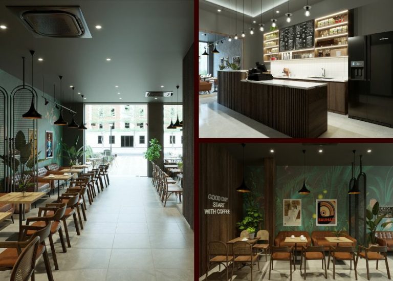 Mẫu thiết kế quán cafe mặt tiền 6m được thực hiện bởi đội ngũ kiến trúc sư của Kiến Trúc Nam Cường