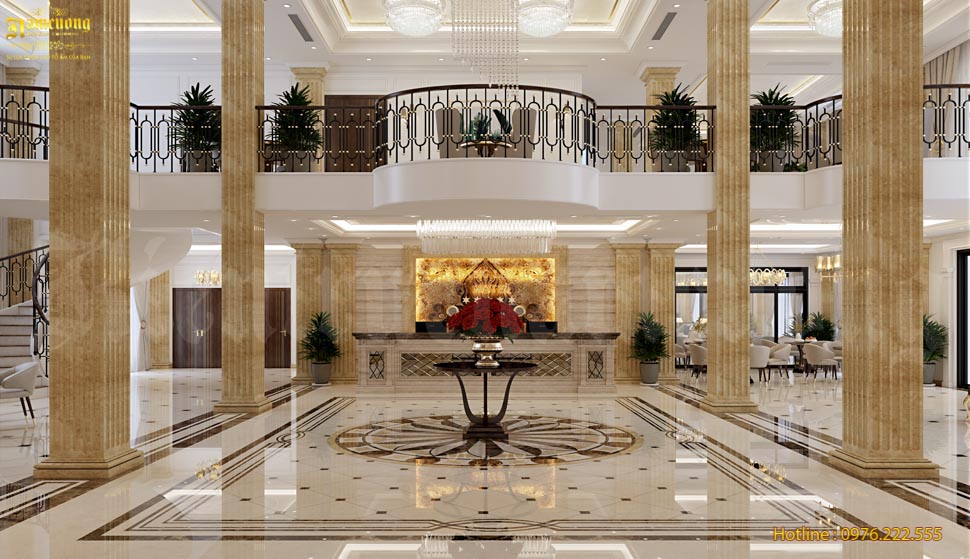 Khu vực đại sảnh khách sạn được thiết kế mang vẻ đẹp sang trọng và tinh tế