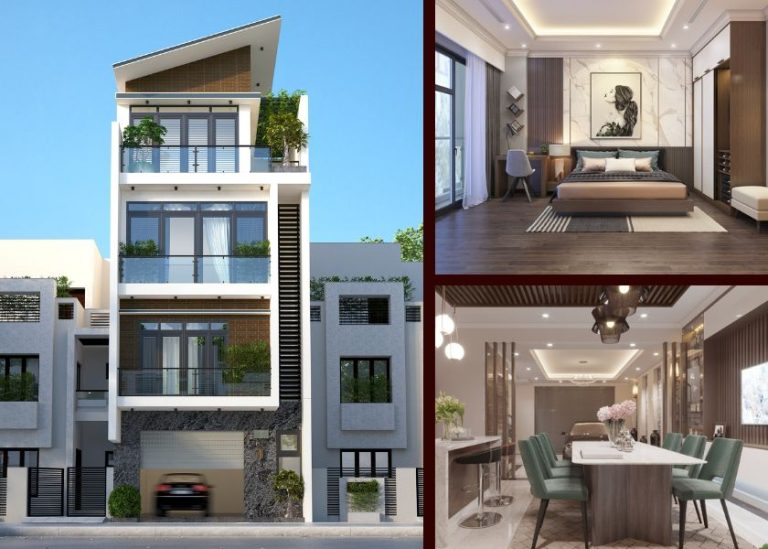 Nhà phố 4 tầng hiện đại mái nghiêng