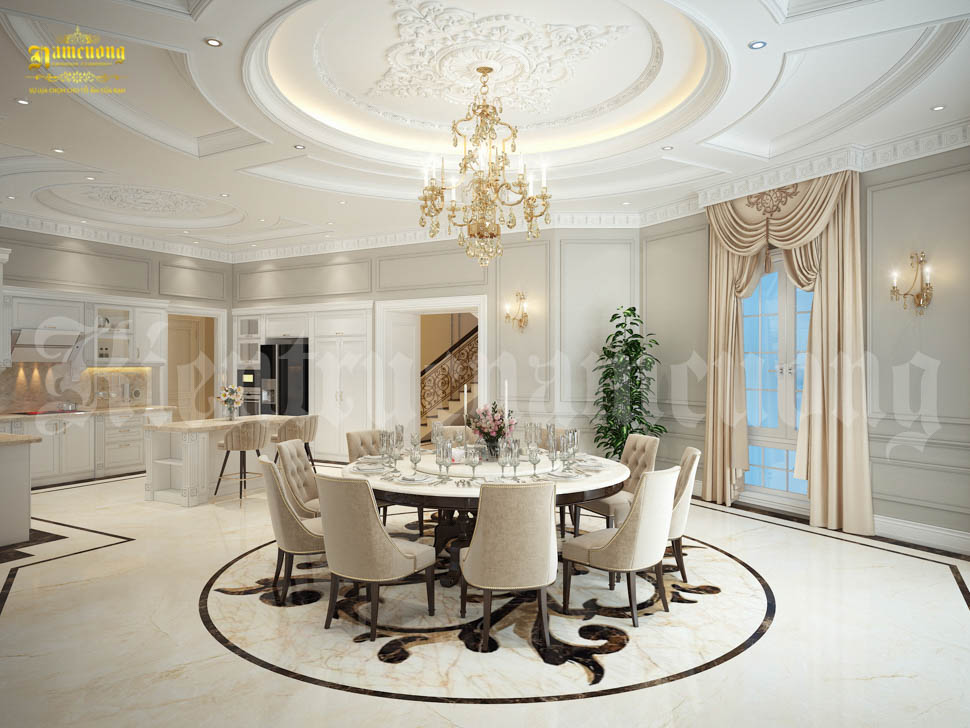 Kết cấu bàn ăn nằm gọn trong đường tròn tương ứng với trần nhà hết sức độc đáo
