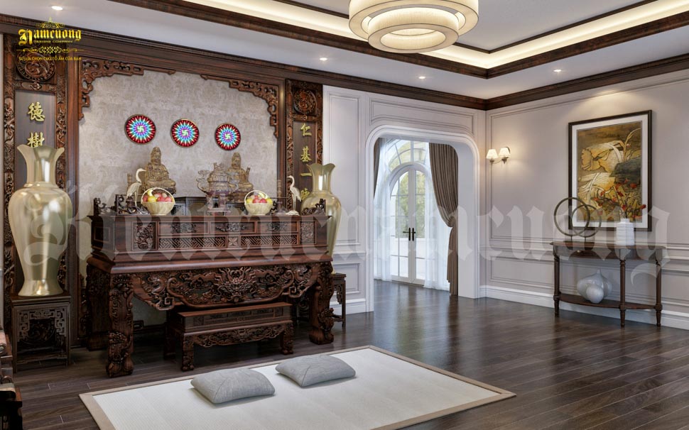 Phòng thờ thiêng liêng với nguyên liệu nội thất chủ đạo là gỗ trầm