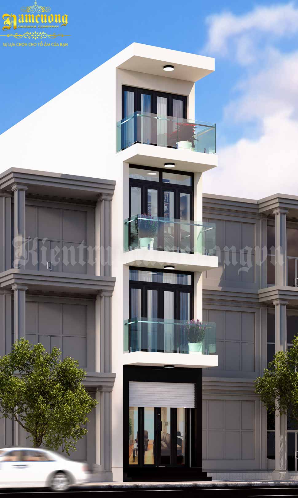 Ban công kính giúp căn nhà tạo vẻ thông thoáng, gần gũi với thiên nhiên. Mỗi ban công, gia chủ đặt thêm một chậu cây để trang trí thêm cho không gian ngoại thất thêm sinh động.