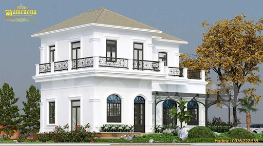 Thiết kế biệt thự 2 tầng mái Nhật chồng lớp giúp mặt tiền căn biệt thự thêm ấn tượng