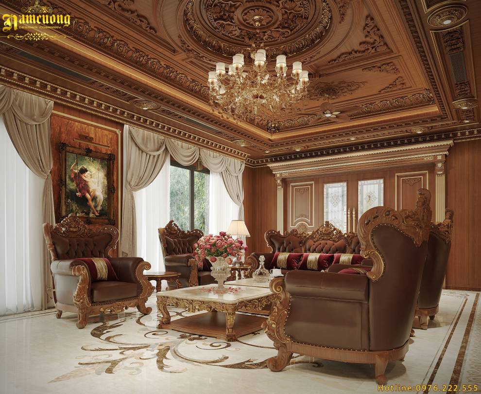 Phòng khách trong kiến trúc biệt thự tân cổ điển lô góc BT122025